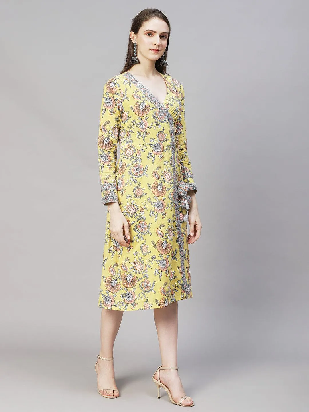 Floral Printed Angrakha A-Line Midi Dress - Light Yellow