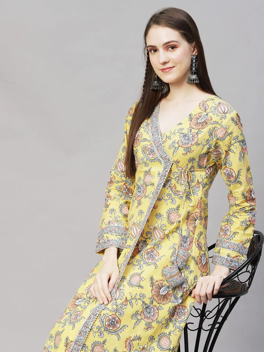 Floral Printed Angrakha A-Line Midi Dress - Light Yellow