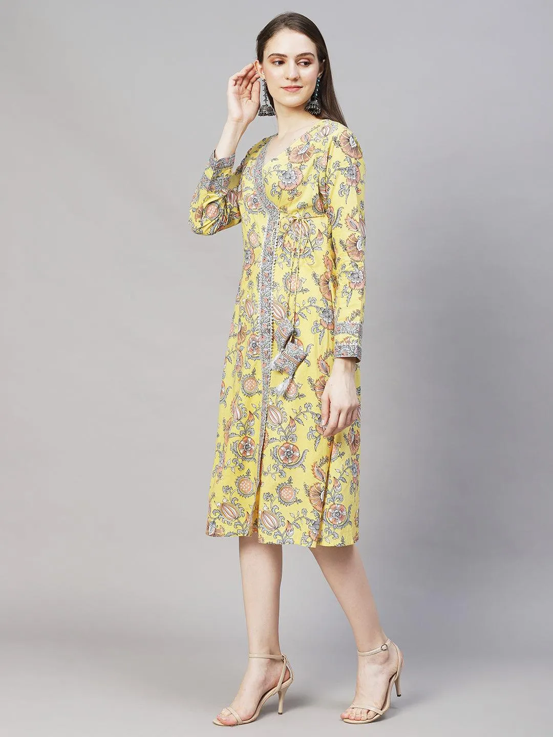 Floral Printed Angrakha A-Line Midi Dress - Light Yellow