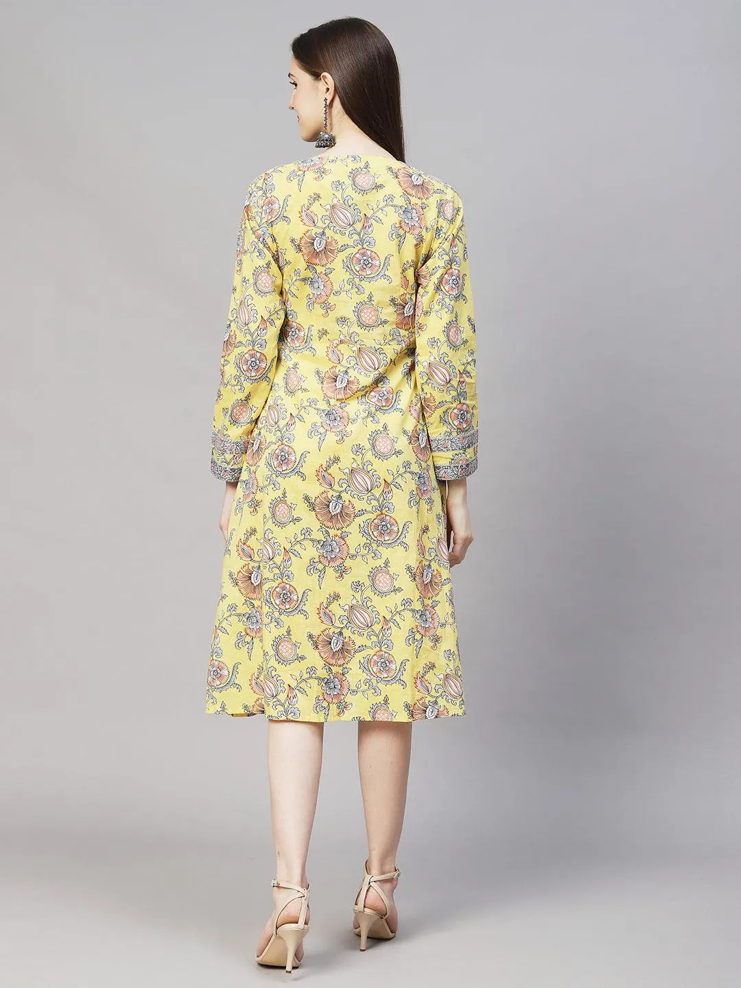 Floral Printed Angrakha A-Line Midi Dress - Light Yellow