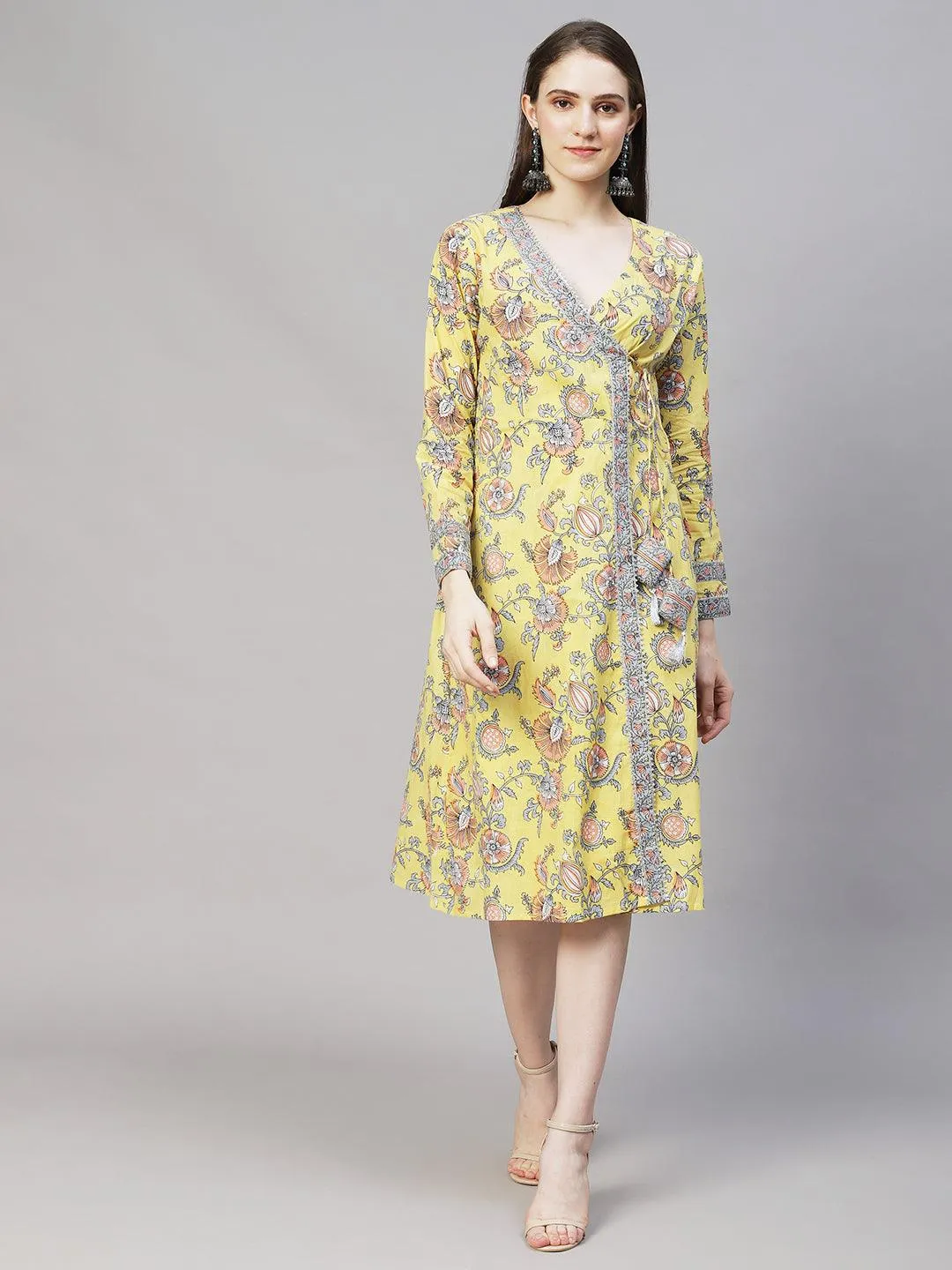 Floral Printed Angrakha A-Line Midi Dress - Light Yellow