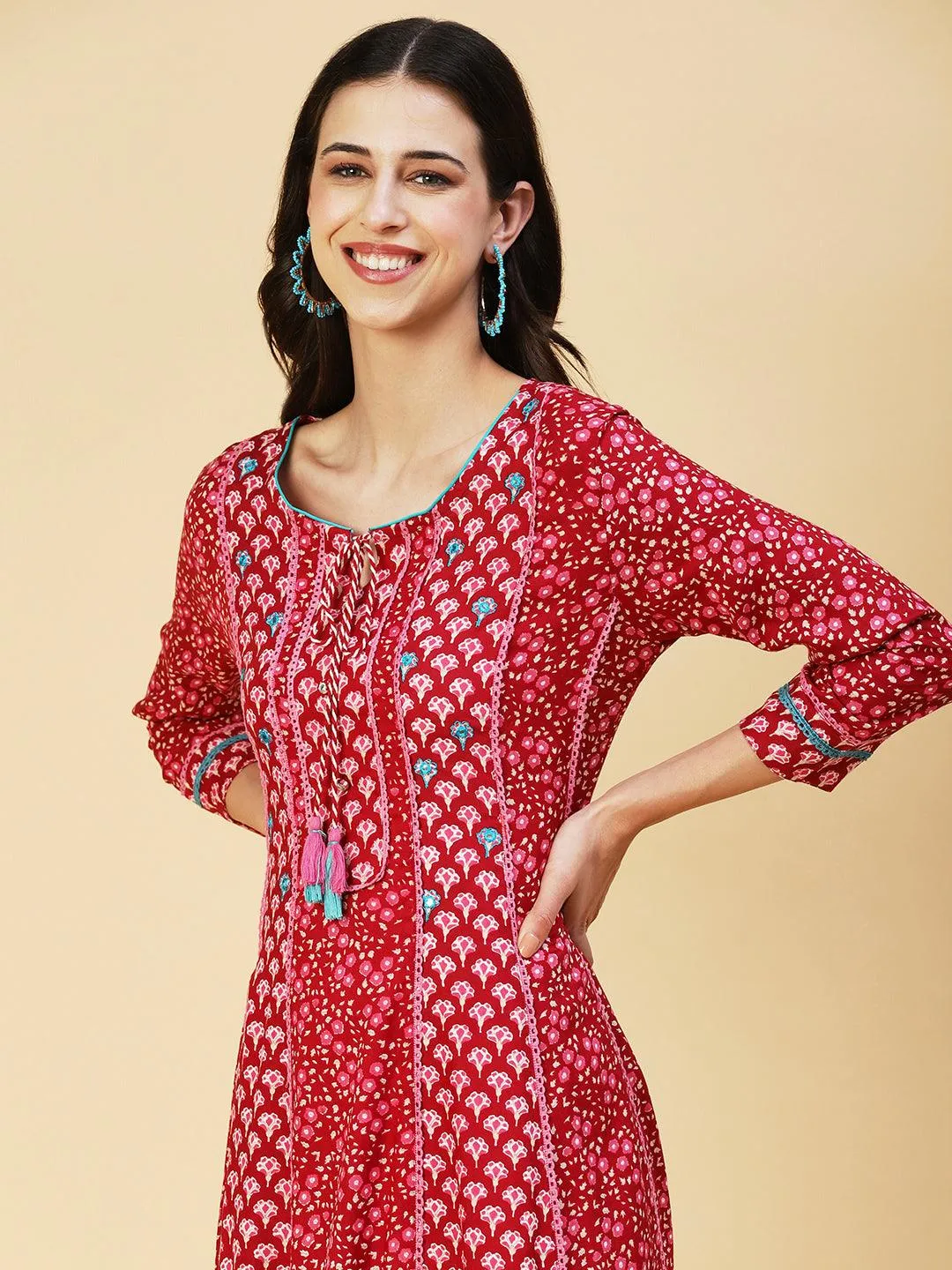 Floral Printed Embroidered Paneled Dress - Maroon