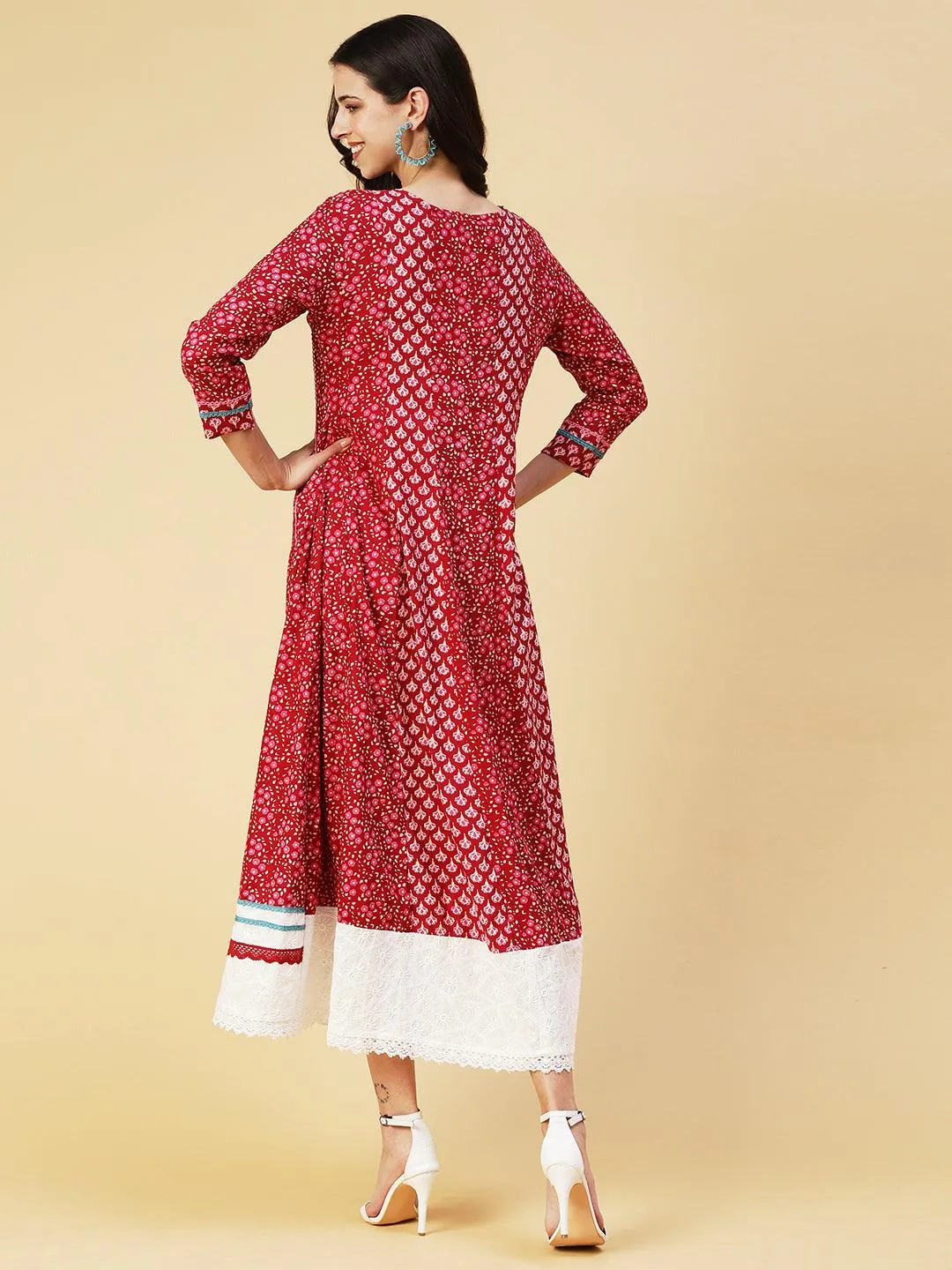 Floral Printed Embroidered Paneled Dress - Maroon