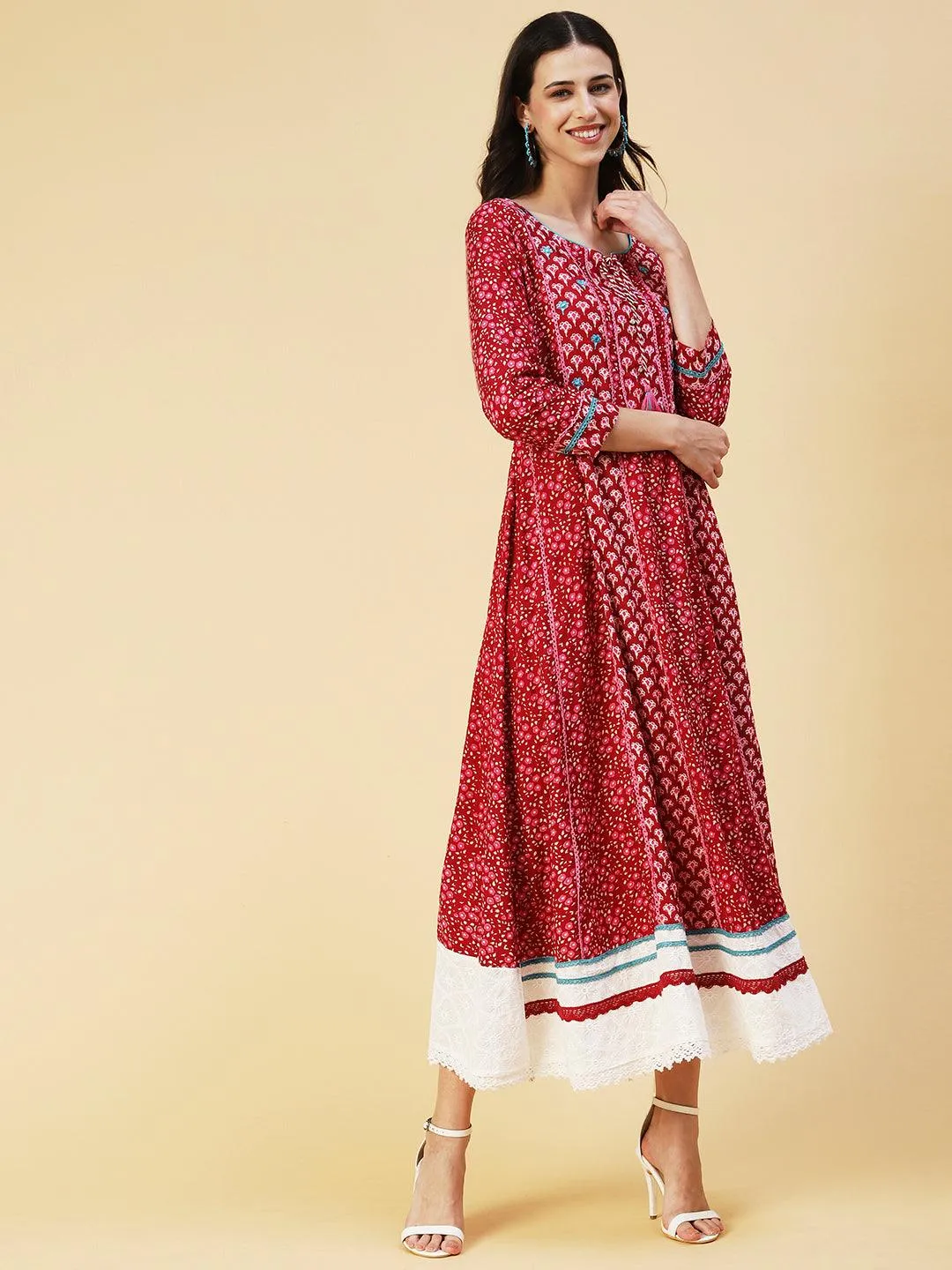 Floral Printed Embroidered Paneled Dress - Maroon