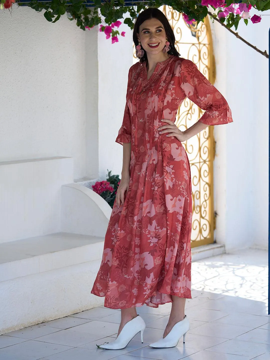 Floral Printed Kantha Stitched Pintuck Dress With Dori Belt - Orange