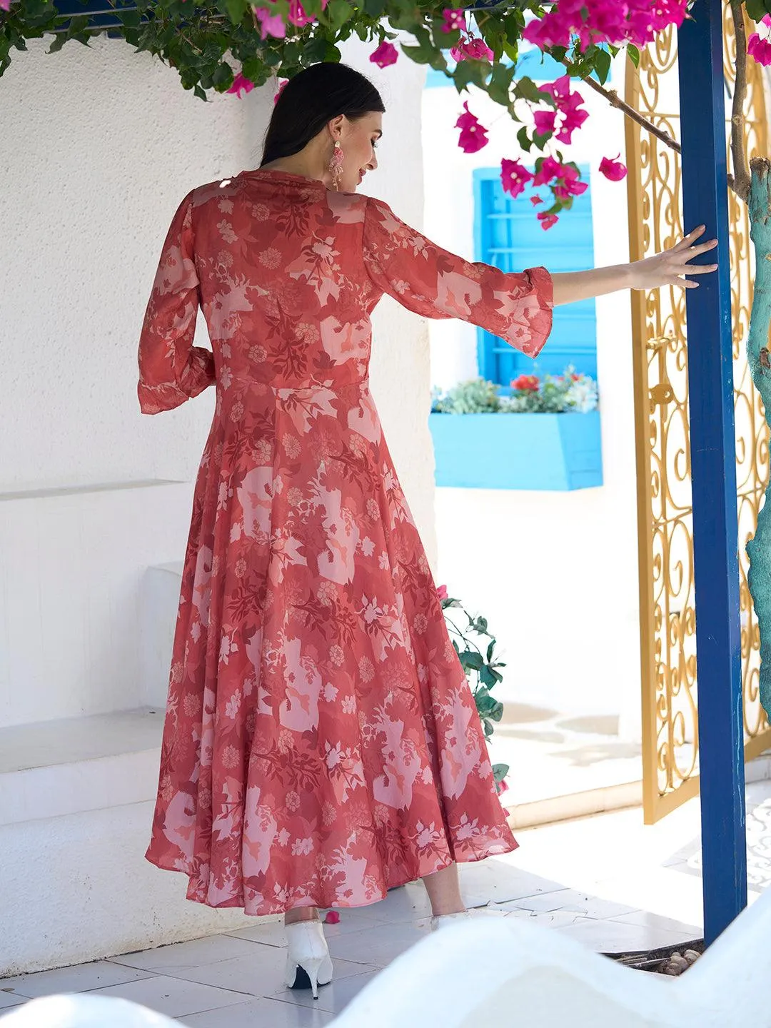 Floral Printed Kantha Stitched Pintuck Dress With Dori Belt - Orange