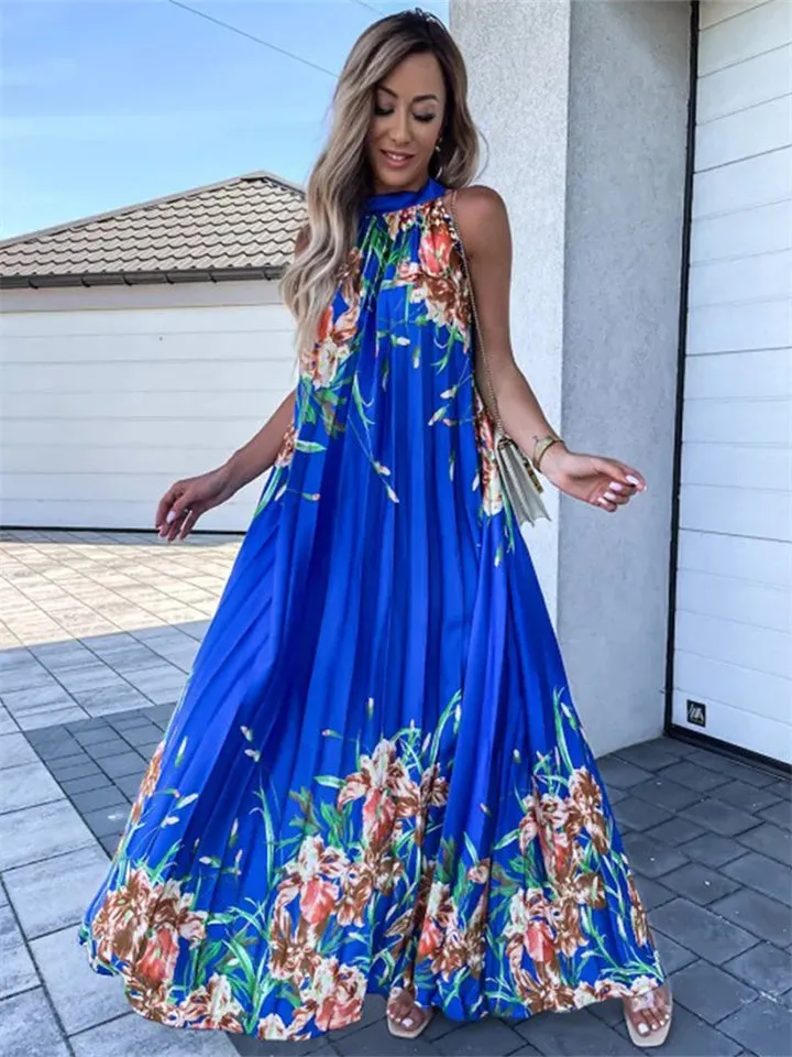 Flytonn-Graduation Gift Back to School Season Summer Vacation Dress Spring Outfit Summer New Women's Fashion Print Hanging Neck Sleeveless Loose Waist Pressure Pleated Casual Wind Swing Dress