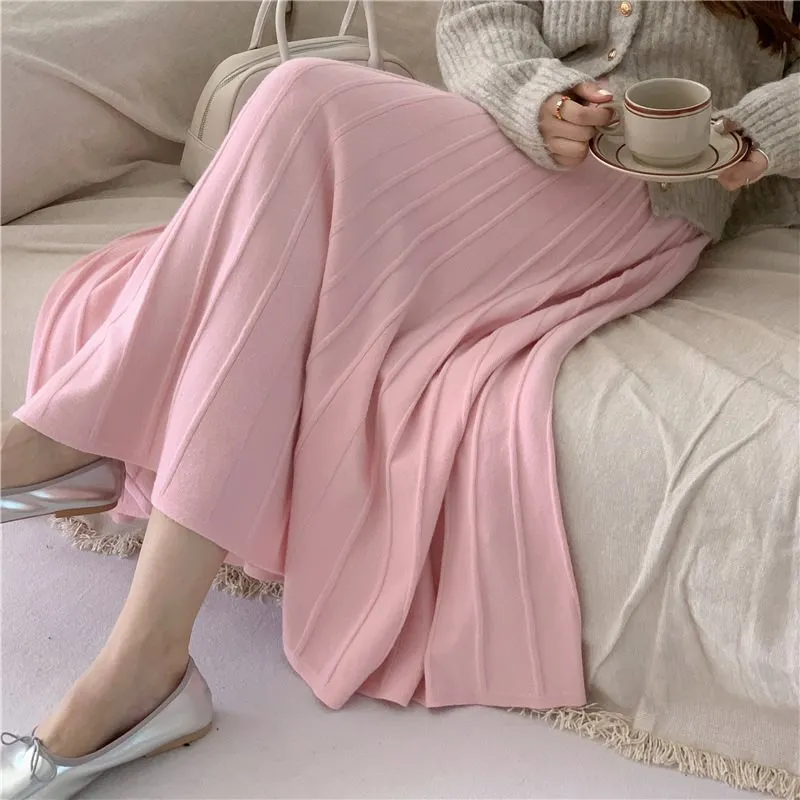 Flytonnshop winter outfits men Autumn and Winter Knitted Skirt High Waist Slimming Large Skirt A- Line Skirt Elegant Temperament Pleated Skirt