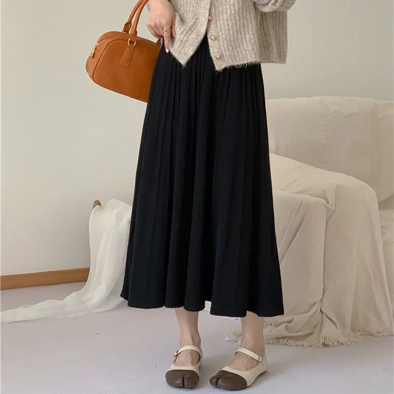 Flytonnshop winter outfits men Autumn and Winter Knitted Skirt High Waist Slimming Large Skirt A- Line Skirt Elegant Temperament Pleated Skirt