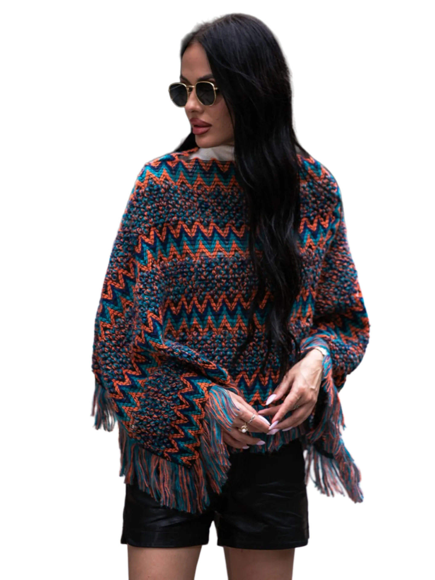 Fringe Hem Boat Neck Poncho