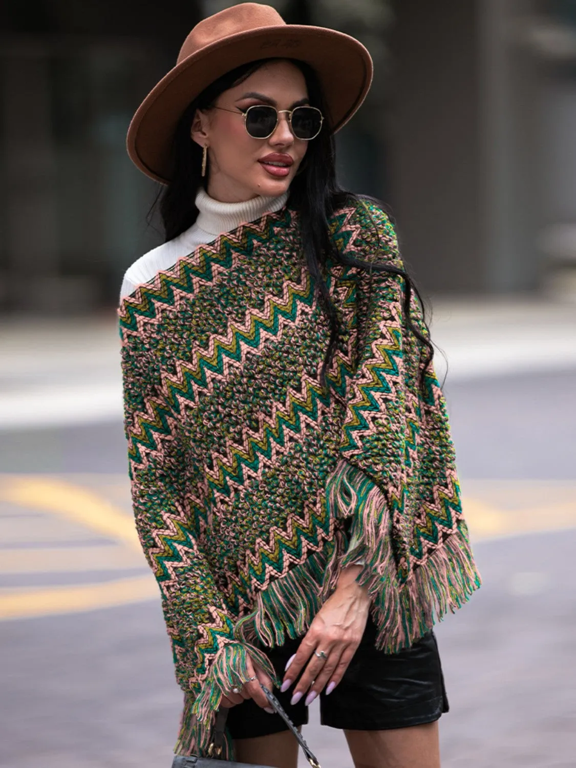 Fringe Hem Boat Neck Poncho