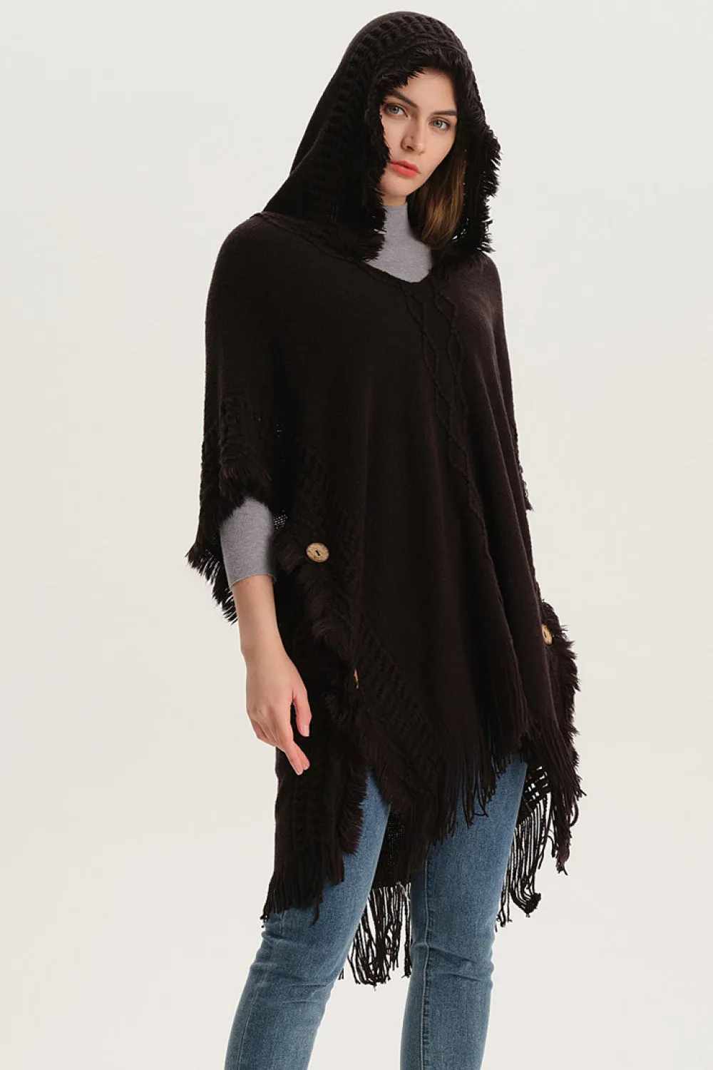 Fringe Hem Hooded Poncho