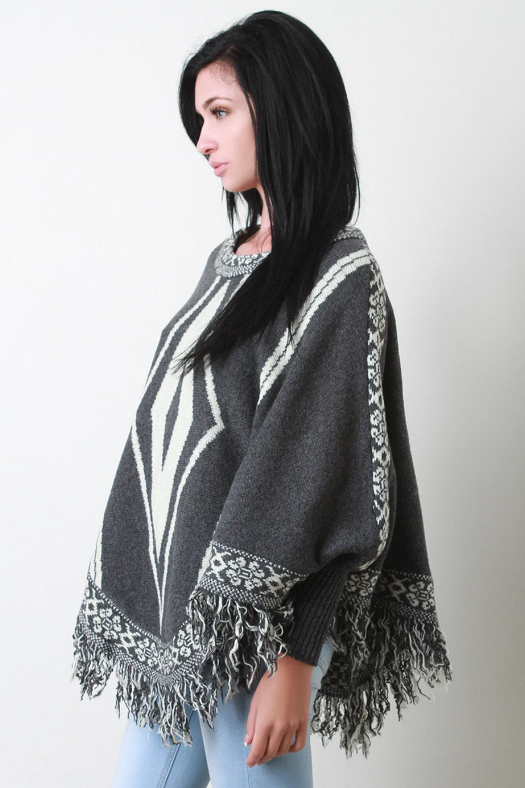 Fringe Hem Marled Knit Tribal Pattern Poncho