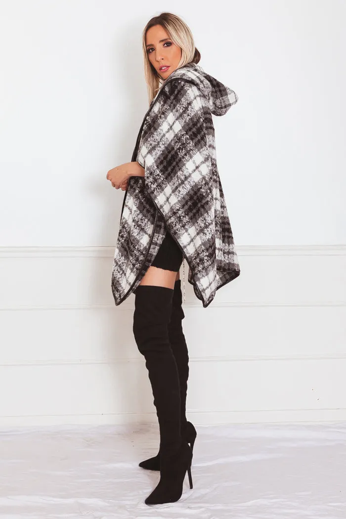 Fur Plaid Poncho Coat