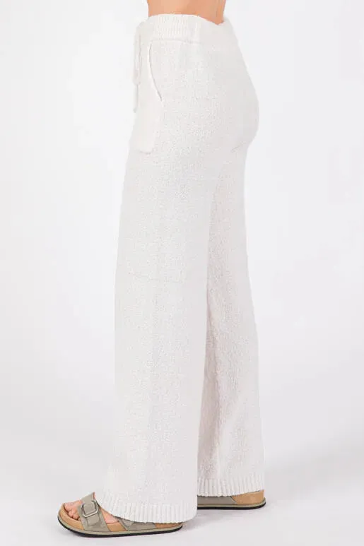 Fuzzy Cloud Towel Knit Wide Leg Pants in White