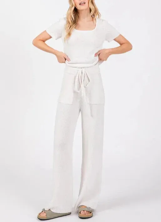 Fuzzy Cloud Towel Knit Wide Leg Pants in White