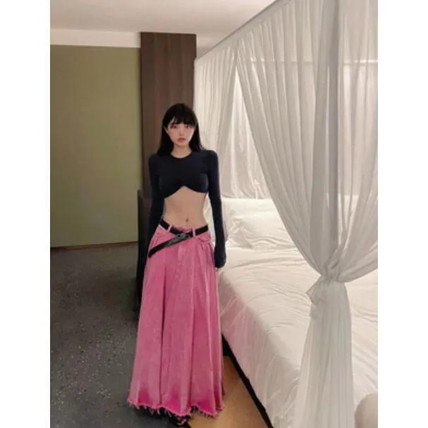 Girlary-shop 2000s fashion Denim Skirt Korean Style Ins American Hot Girl Peach Pink A- line Pleated Dress Women's High-Grade Niche Skirt