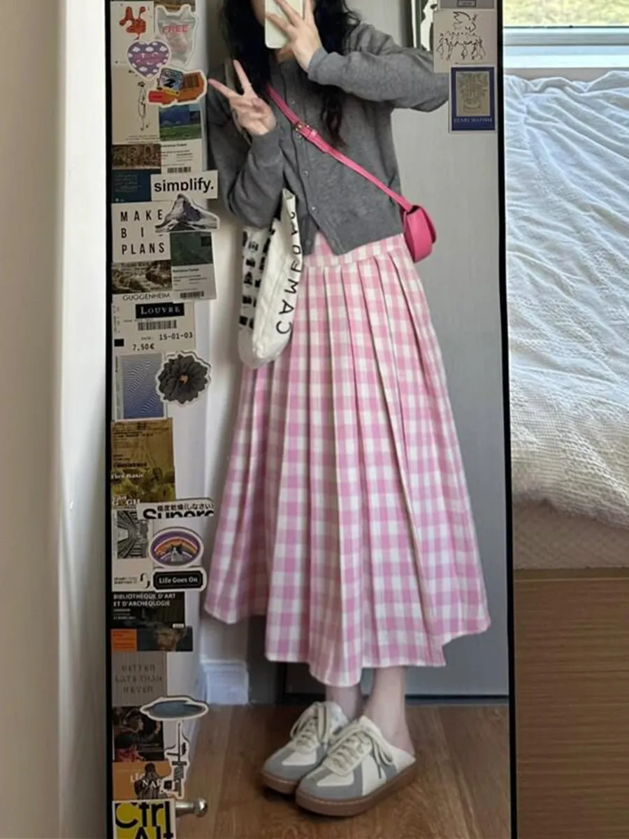 Girlary-shop church outfit Pink Plaid Skirt for Women plus Size Chubby Girl Pear-Shaped Korean Style High Waist All-Match Plaid Pleated A- line Dress