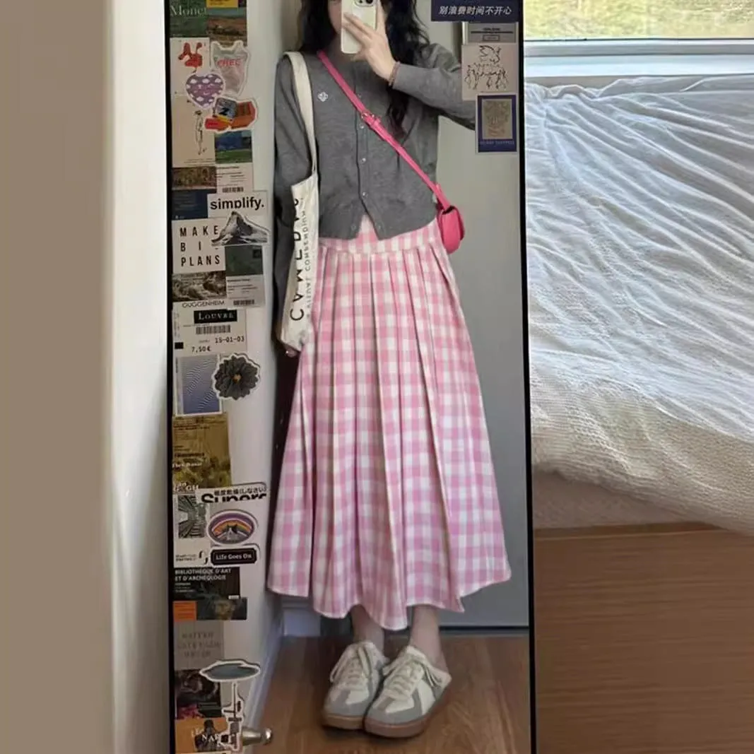 Girlary-shop church outfit Pink Plaid Skirt for Women plus Size Chubby Girl Pear-Shaped Korean Style High Waist All-Match Plaid Pleated A- line Dress