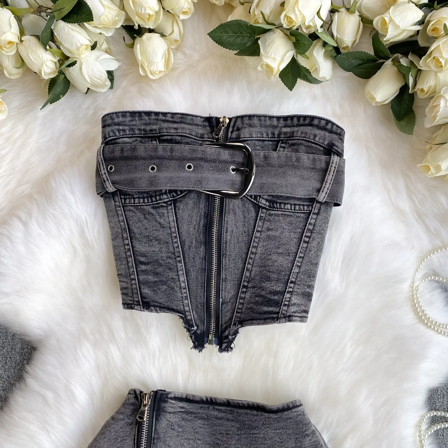 Girlary-shop concert outfit dress to impress Hot Girl Fried Street Suit Women's Ins Wear American Slim Irregular Tube Top Vest Denim Pleated Skirt