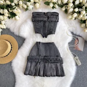 Girlary-shop concert outfit dress to impress Hot Girl Fried Street Suit Women's Ins Wear American Slim Irregular Tube Top Vest Denim Pleated Skirt