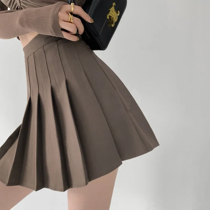 Girlary-shop dream clothes American Preppy Style Brown Hot Girl Pleated Skirt Women's Spring and Autumn Slimming High Waist Skirt Retro Sexy Skirt Fashion