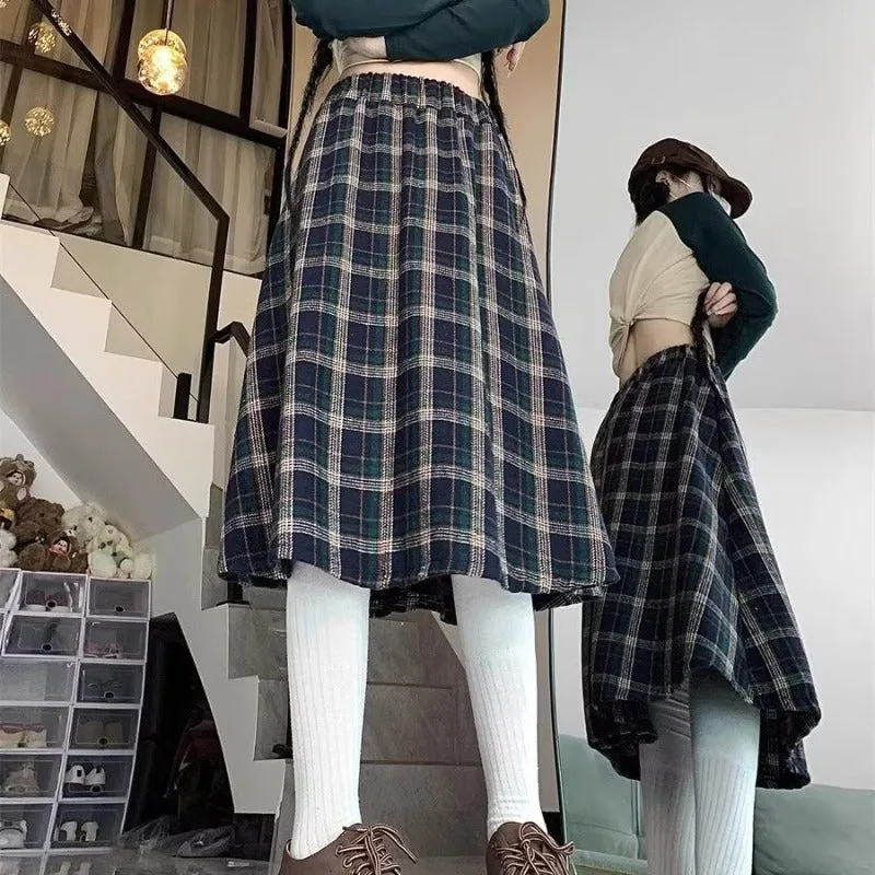 Girlary-shop teacher outfits Pear-Shaped Figure plus Size Japanese Plaid Skirt Women's Autumn and Winter New Chubby Girl High Waist Slimming A- line Pleated Umbrella Skirt