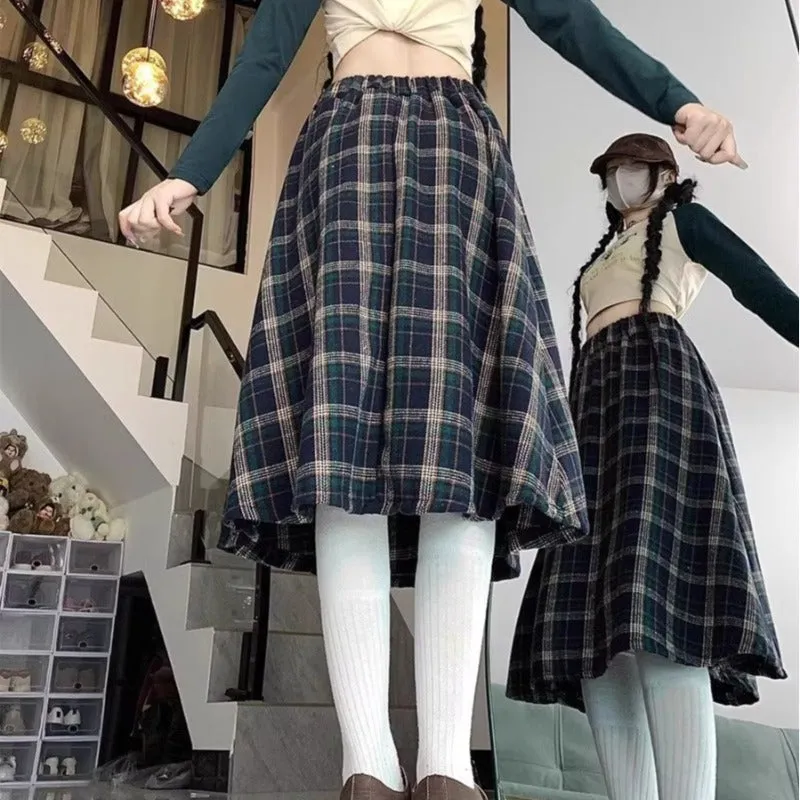 Girlary-shop teacher outfits Pear-Shaped Figure plus Size Japanese Plaid Skirt Women's Autumn and Winter New Chubby Girl High Waist Slimming A- line Pleated Umbrella Skirt