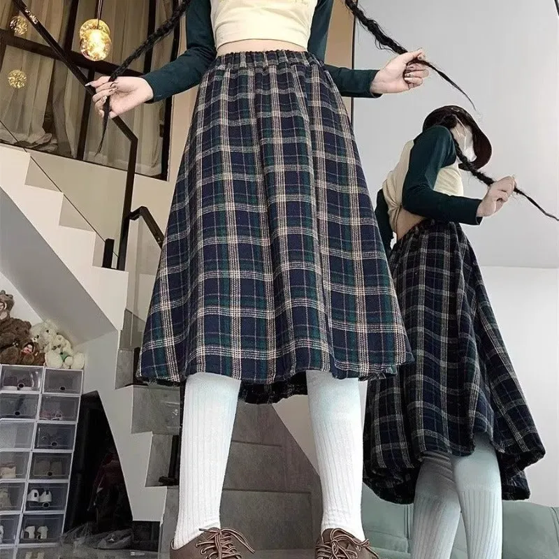 Girlary-shop teacher outfits Pear-Shaped Figure plus Size Japanese Plaid Skirt Women's Autumn and Winter New Chubby Girl High Waist Slimming A- line Pleated Umbrella Skirt