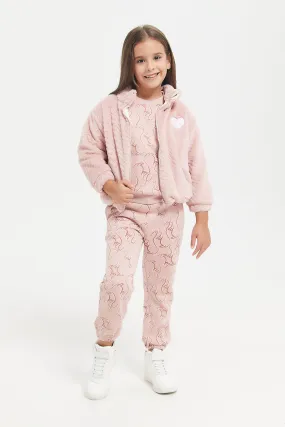 Girls Pink Jacquard Fur Sweatshirt With Zipper