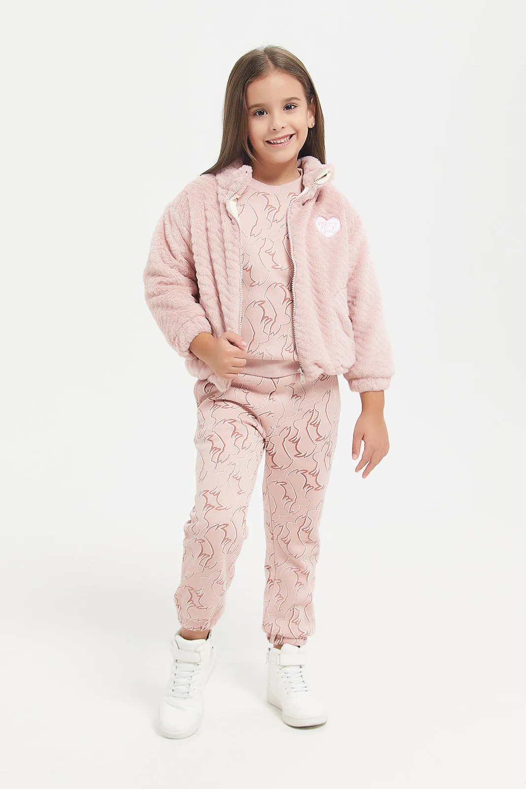 Girls Pink Jacquard Fur Sweatshirt With Zipper