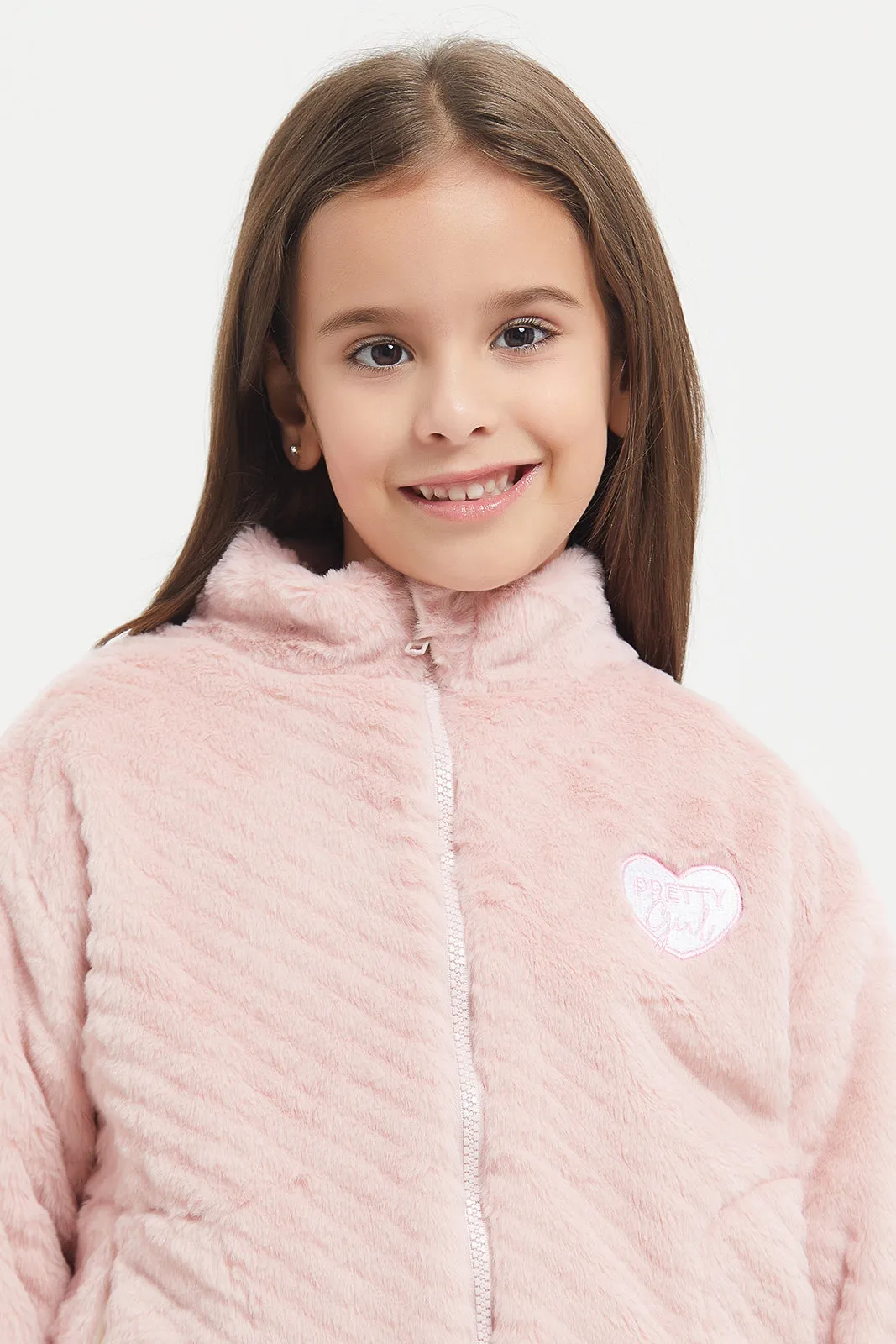 Girls Pink Jacquard Fur Sweatshirt With Zipper