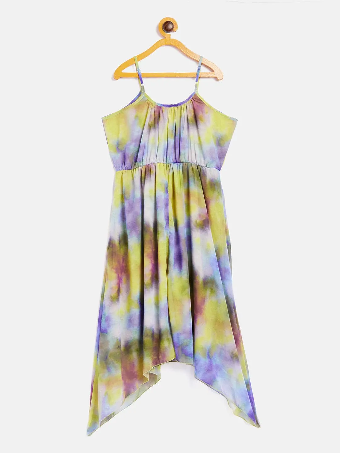 Girls Purple & Yellow Tie-Dye Print Strappy Dress