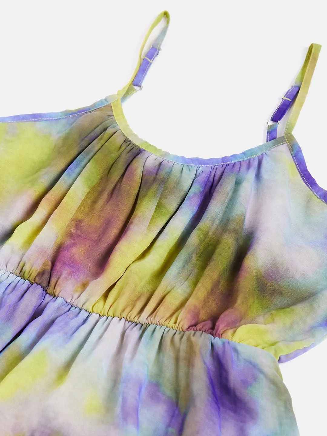 Girls Purple & Yellow Tie-Dye Print Strappy Dress