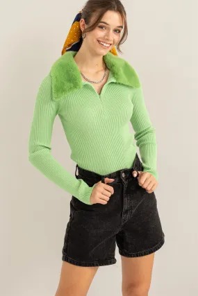 HF23F733-Fur Collar Zip-front Knit Top