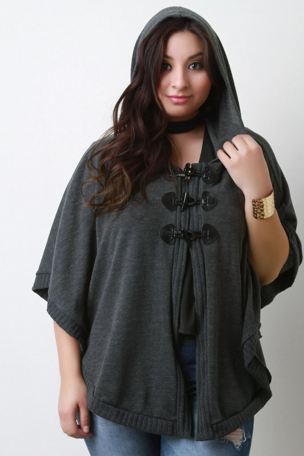 Hooded Knit Toggle Poncho