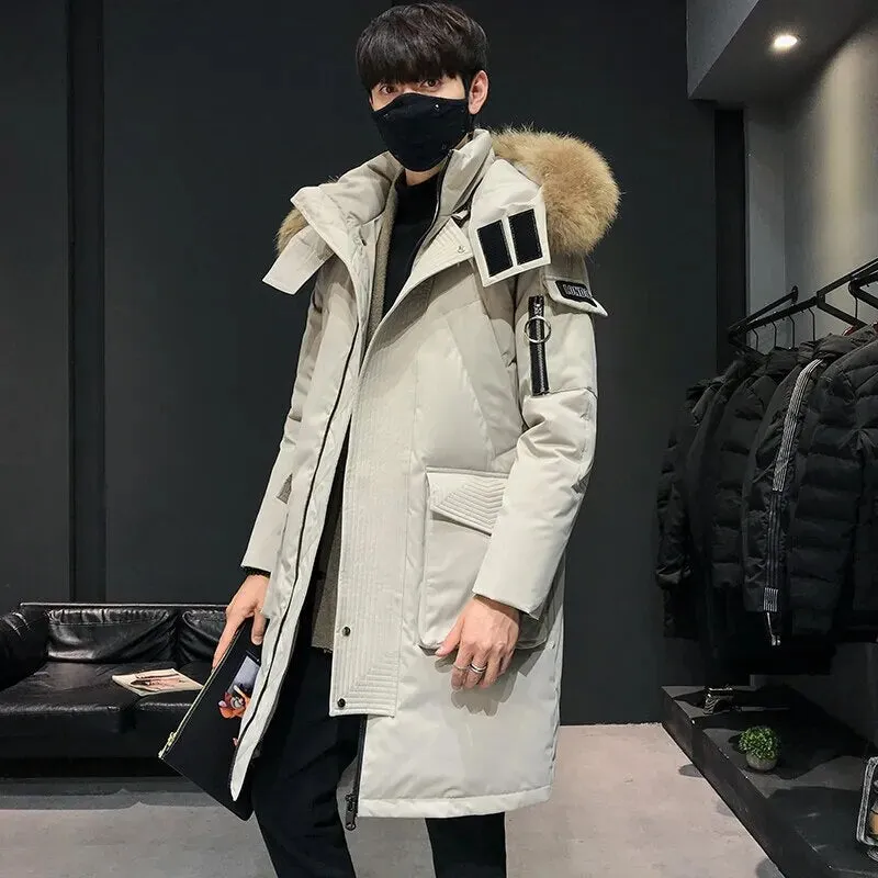 Ilooove - Thickened Men's Down Coat with Hooded Faux Fur Collar Winter Long Parka Jacket Outdoor