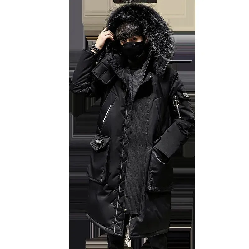 Ilooove - Thickened Men's Down Coat with Hooded Faux Fur Collar Winter Long Parka Jacket Outdoor