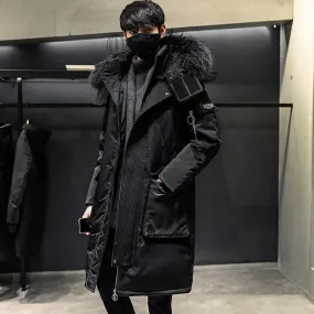 Ilooove - Thickened Men's Down Coat with Hooded Faux Fur Collar Winter Long Parka Jacket Outdoor