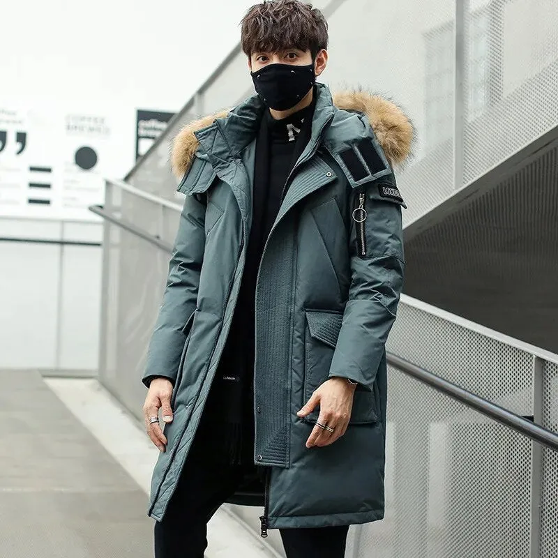 Ilooove - Thickened Men's Down Coat with Hooded Faux Fur Collar Winter Long Parka Jacket Outdoor