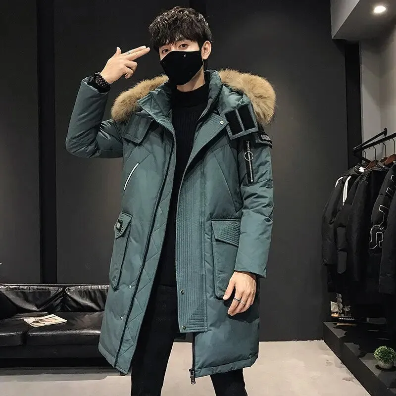 Ilooove - Thickened Men's Down Coat with Hooded Faux Fur Collar Winter Long Parka Jacket Outdoor