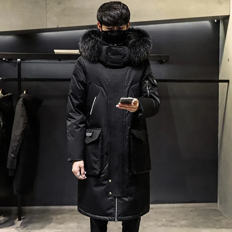 Ilooove - Thickened Men's Down Coat with Hooded Faux Fur Collar Winter Long Parka Jacket Outdoor