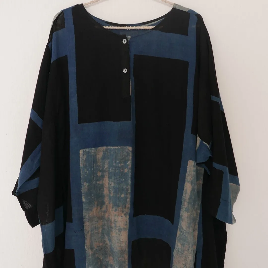 India, Indigene, Kimono Placket tunic w/ under slip (Indigo / Black colour block)