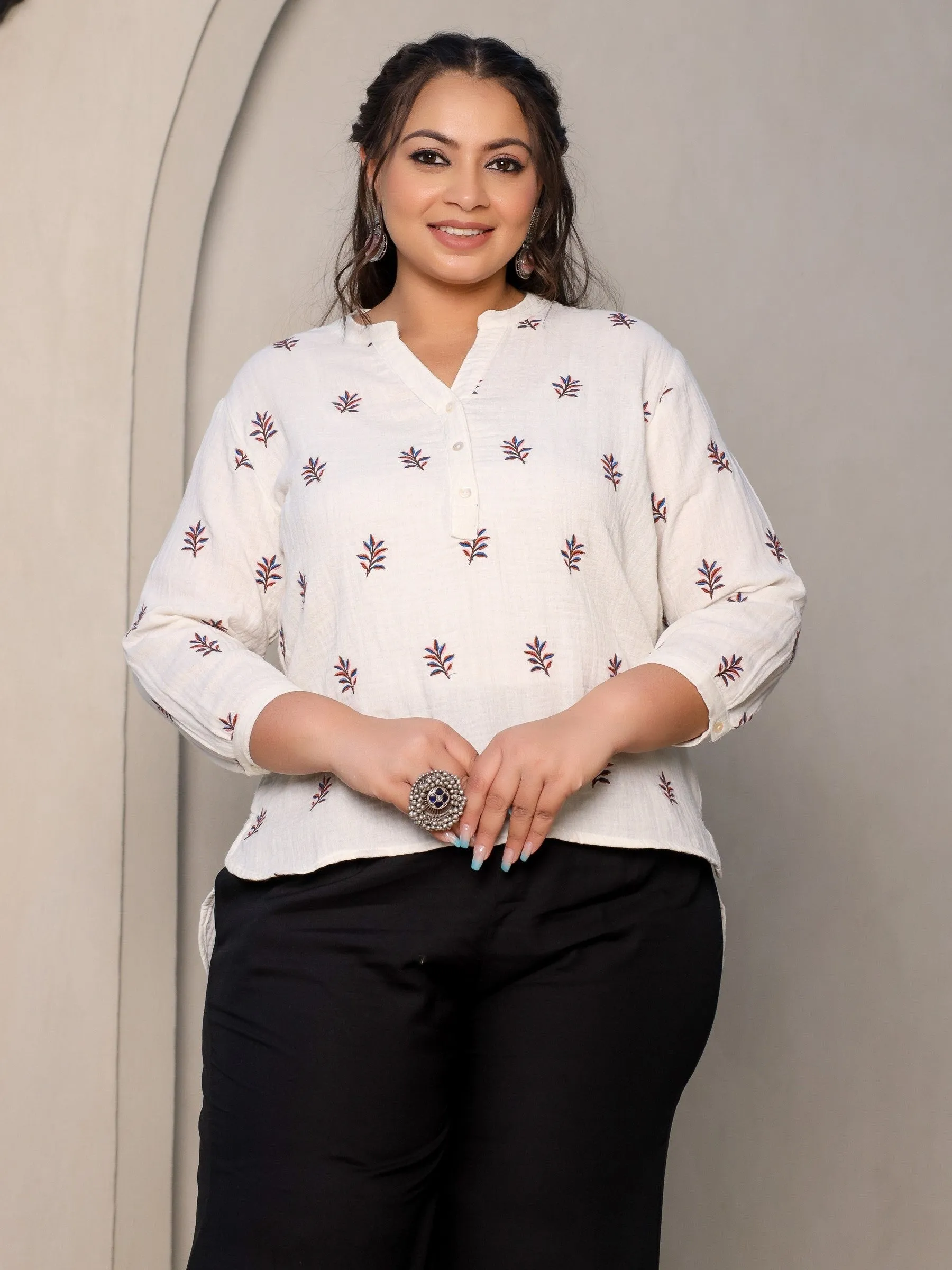 Jashvi Ivory Women Floral Embroidered High-Low Cotton Plus Size Tunic With Half Placket