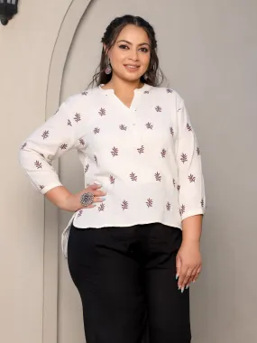 Jashvi Ivory Women Floral Embroidered High-Low Cotton Plus Size Tunic With Half Placket