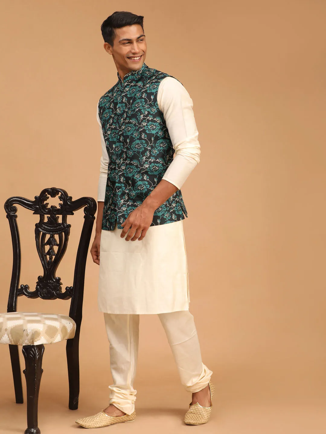 Jashvi Men's Green Printed Nehru Jacket With Cream Solid kurta & Pyjama Set