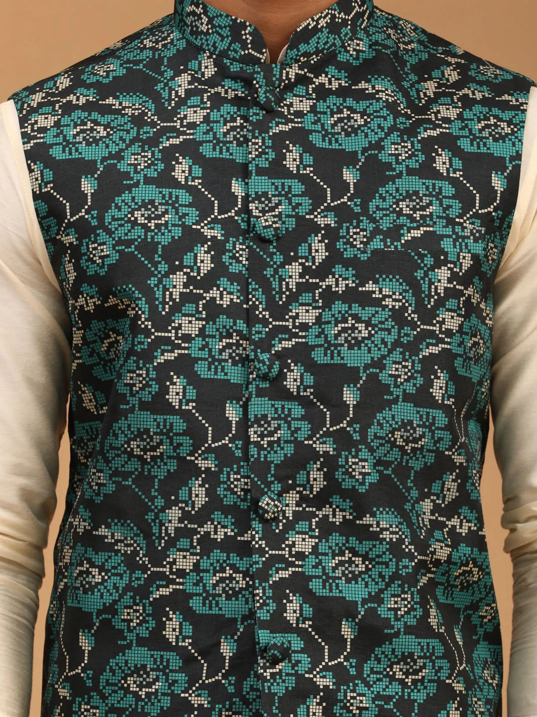 Jashvi Men's Green Printed Nehru Jacket With Cream Solid kurta & Pyjama Set