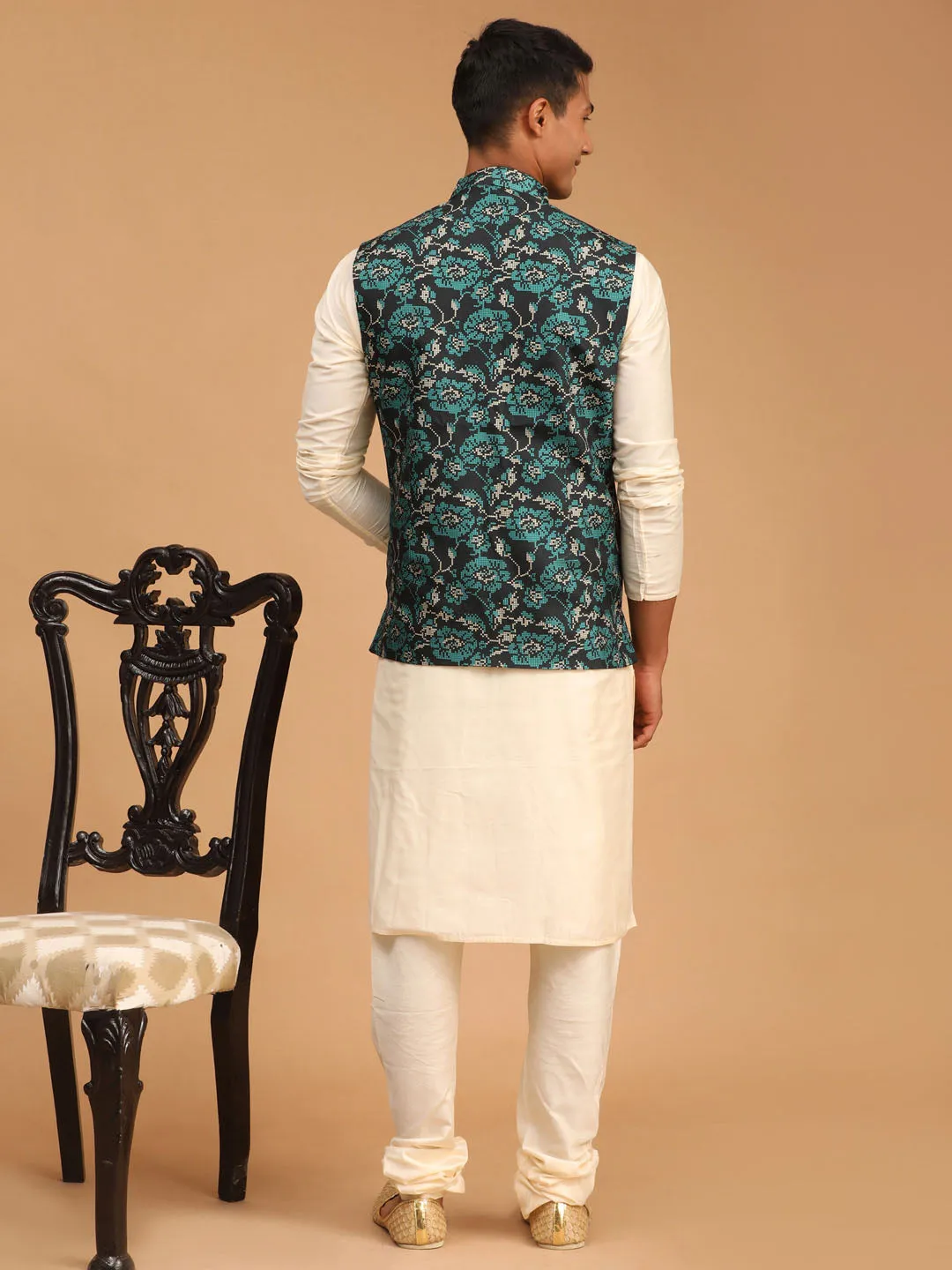 Jashvi Men's Green Printed Nehru Jacket With Cream Solid kurta & Pyjama Set