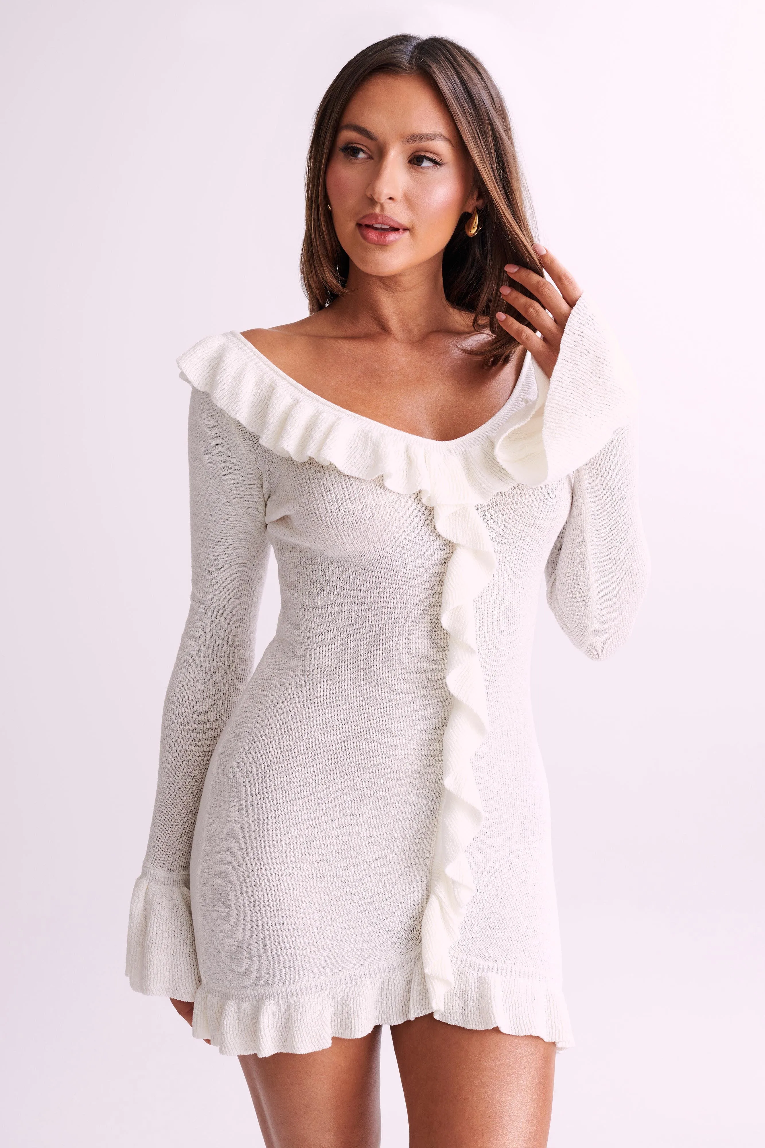 Karolina Knit Mini Dress With Frill - White