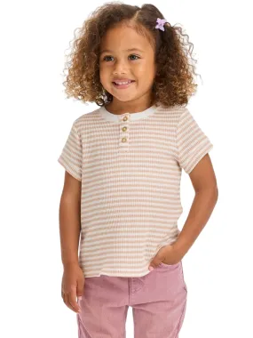 Kids Girl Striped Textured Henley Top,Beige